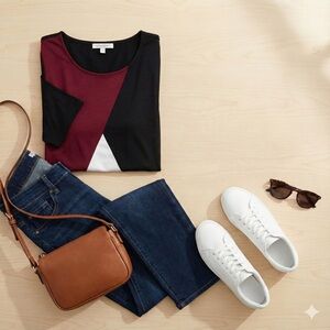 Colorblock Women's Top - Black, Burgundy, and White